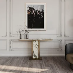 Consolle Afon con piano in marmo bianco e struttura in metallo finitura bronzo