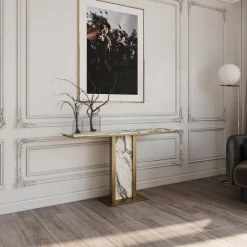 Consolle Afon con piano in marmo bianco e struttura in metallo finitura bronzo