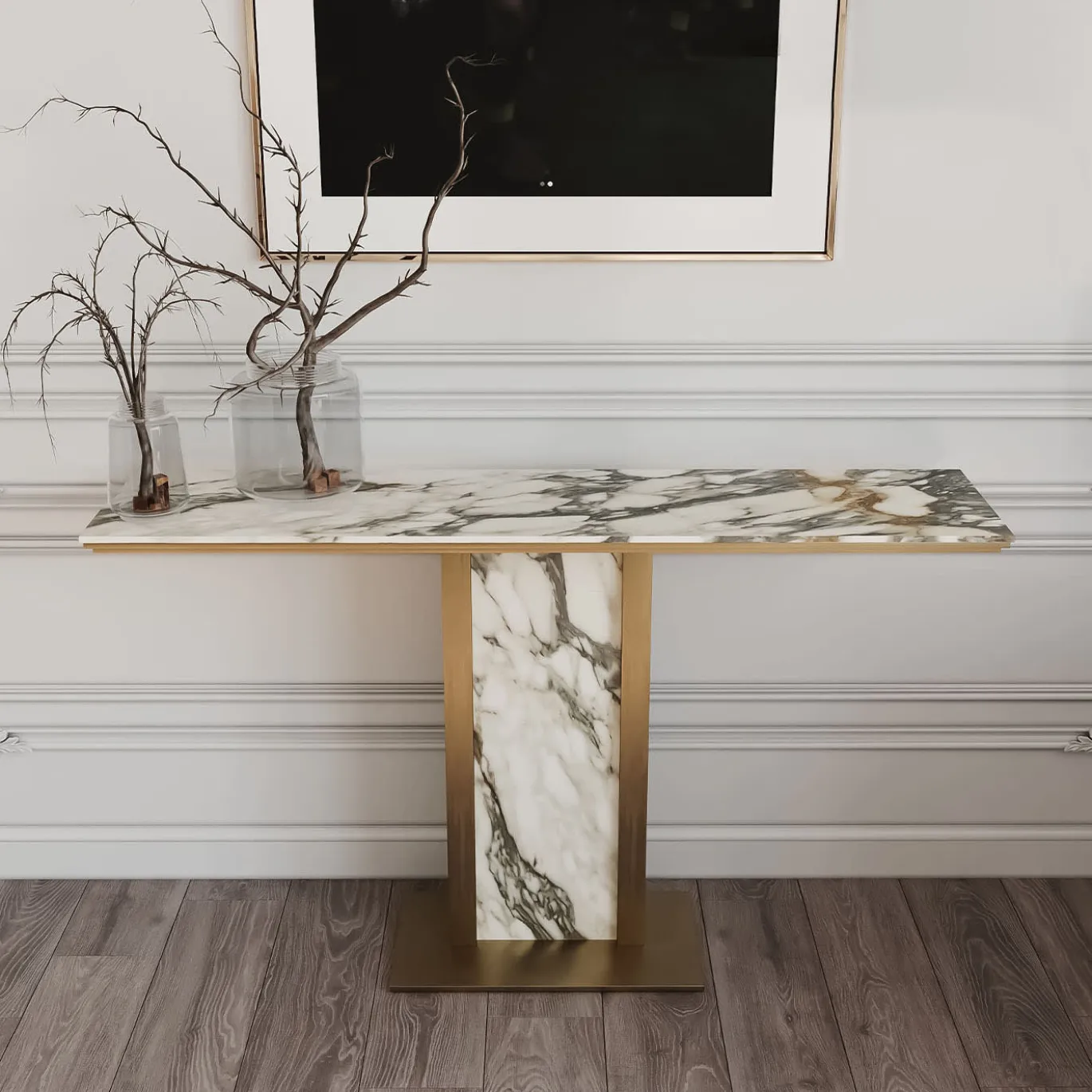 Consolle Afon con piano in marmo bianco e struttura in metallo finitura bronzo