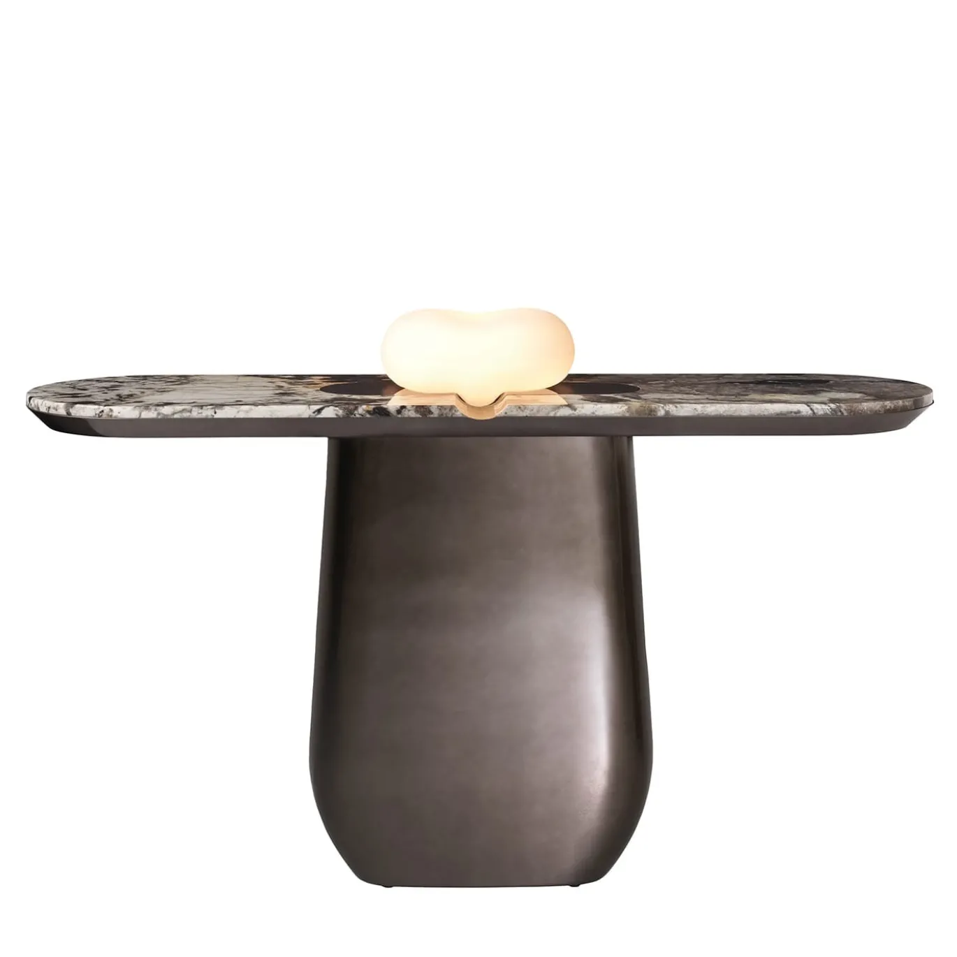 Consolle con base in legno e piano in marmo con ciotola in vetro opalino Nubia