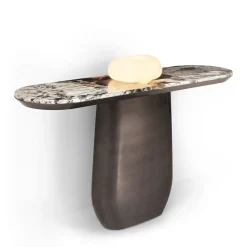 Consolle con base in legno e piano in marmo con ciotola in vetro opalino Nubia