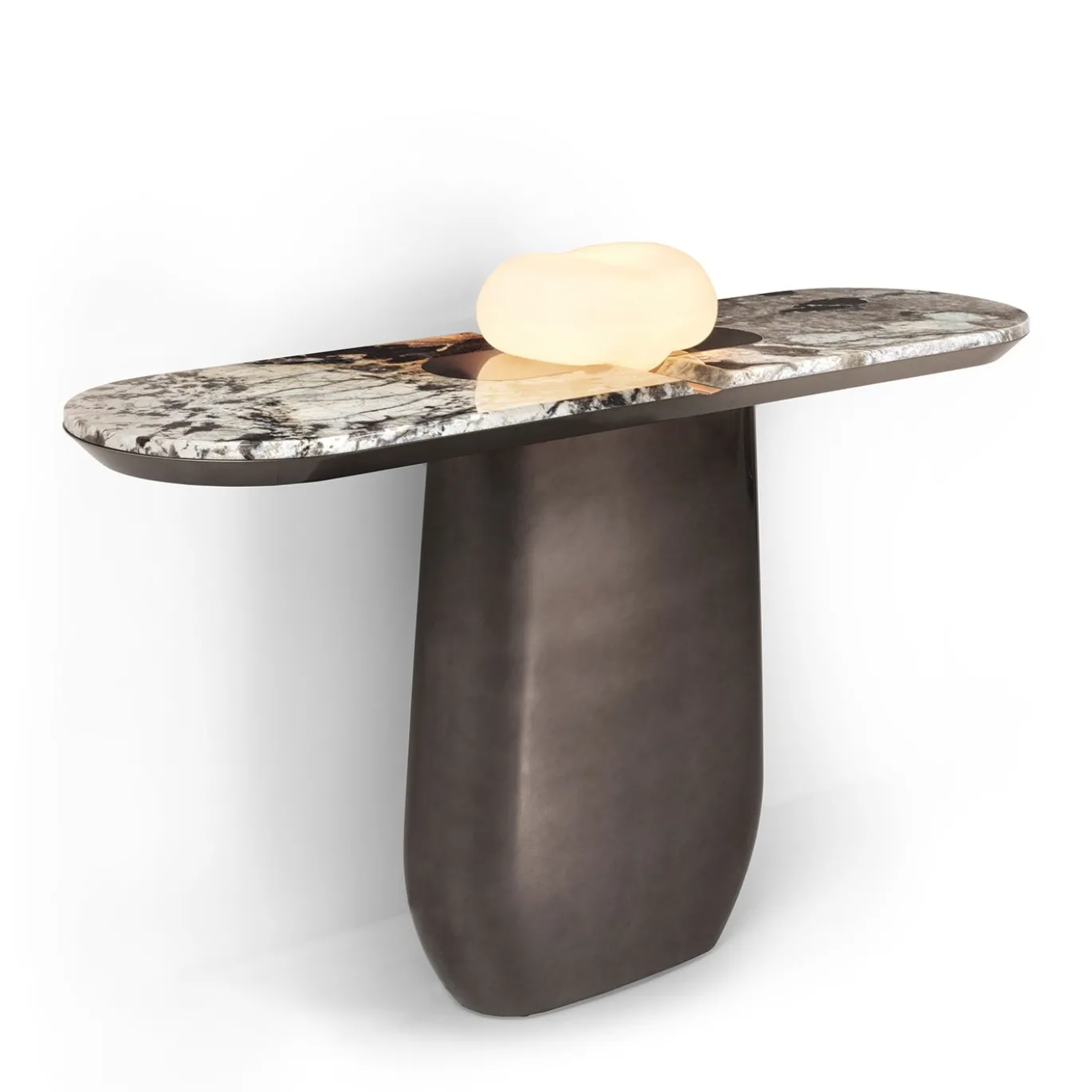 Consolle con base in legno e piano in marmo con ciotola in vetro opalino Nubia