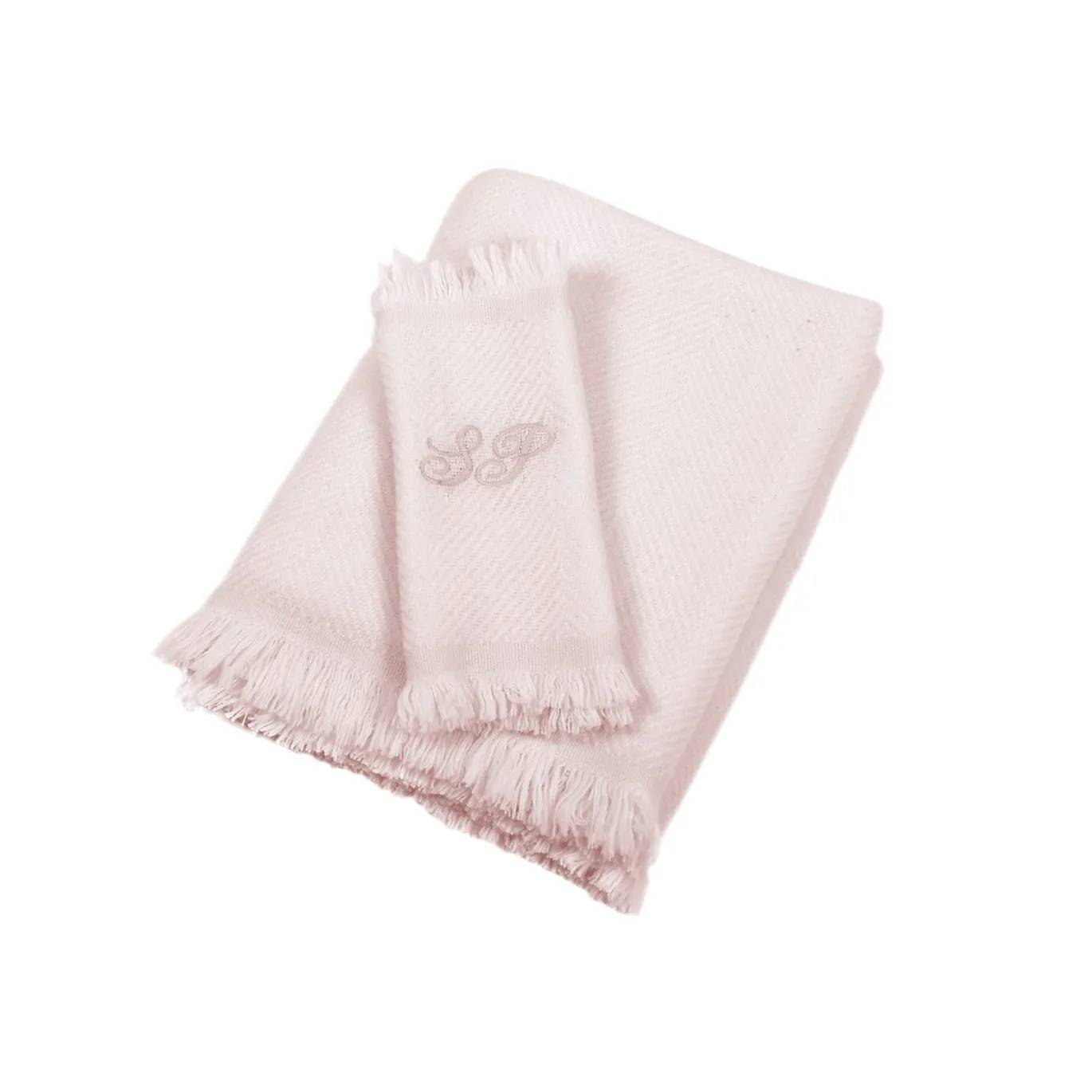Coperta per neonati in 100% cashmere color crema e rosa tenue con frange corte