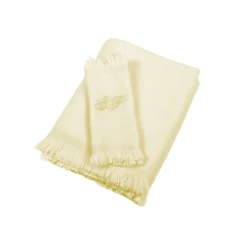 Coperta per neonati in 100% cashmere color crema e giallo limone con frange corte