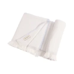 Coperta per neonati in 100% cashmere crema e blu baby con frange corte