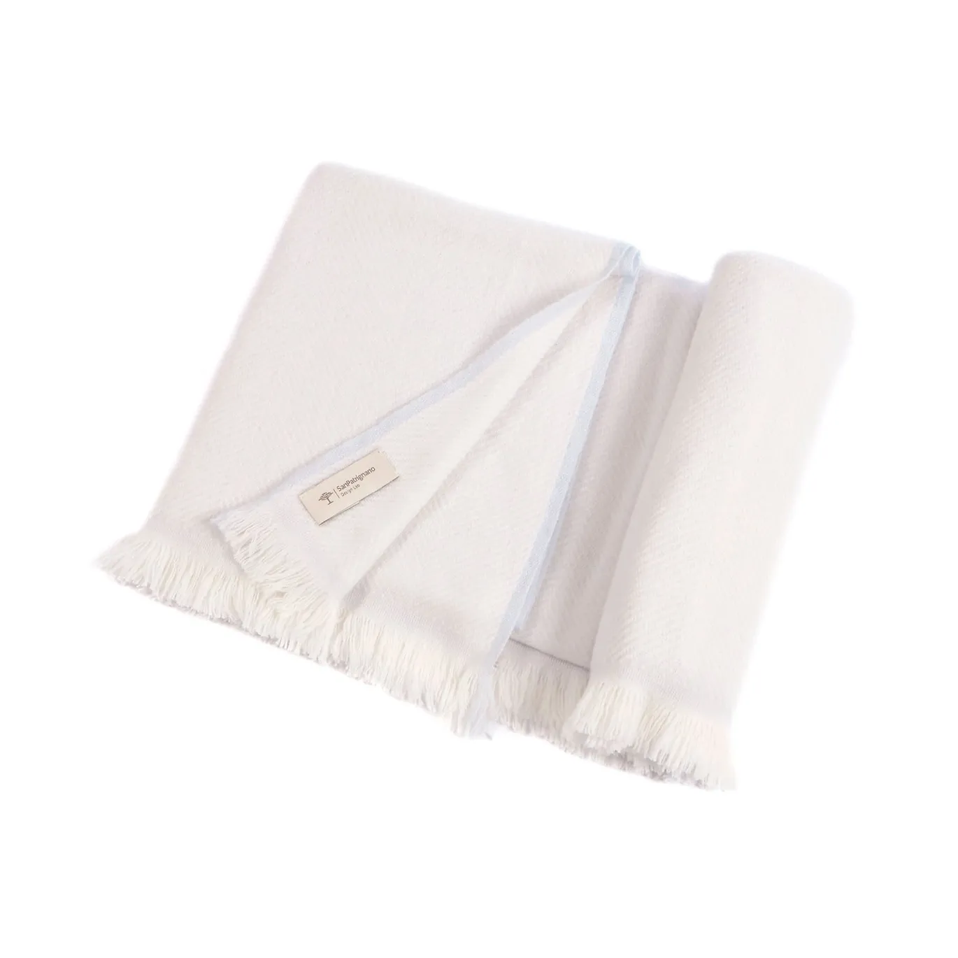 Coperta per neonati in 100% cashmere crema e blu baby con frange corte