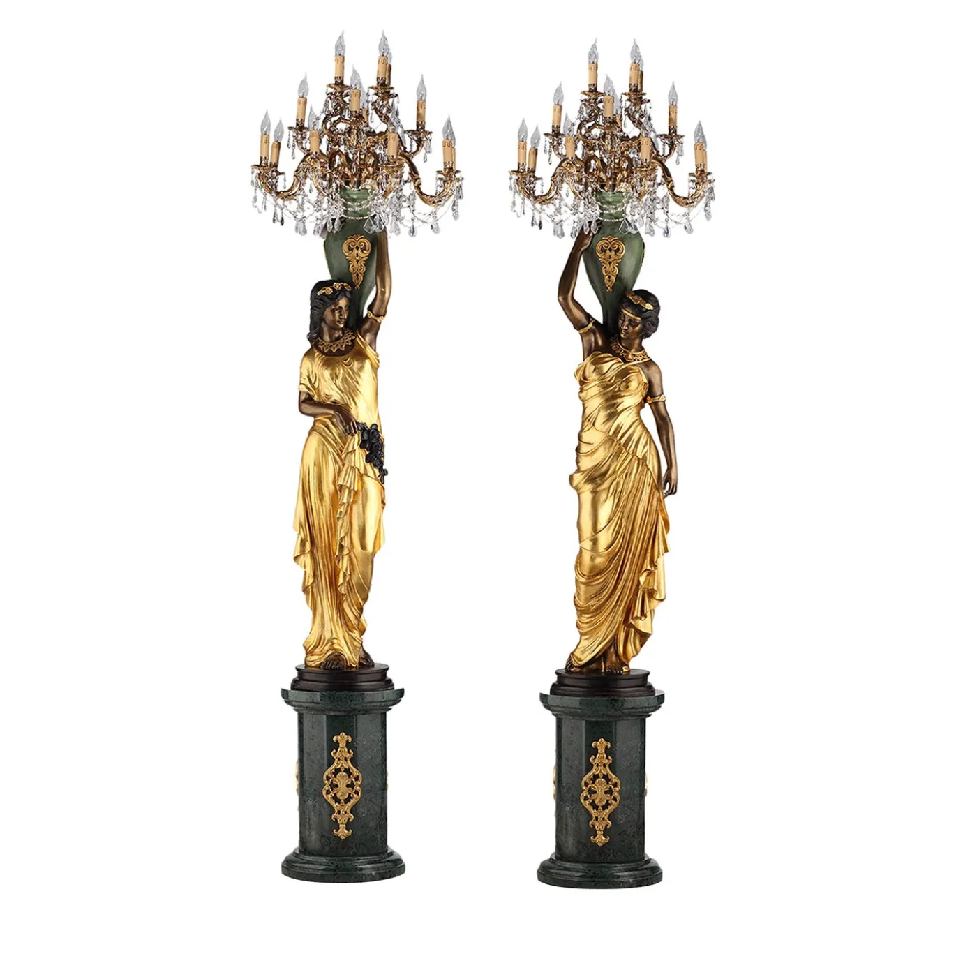 Coppia di lampade da terra Donzelle neoclassiche in bronzo