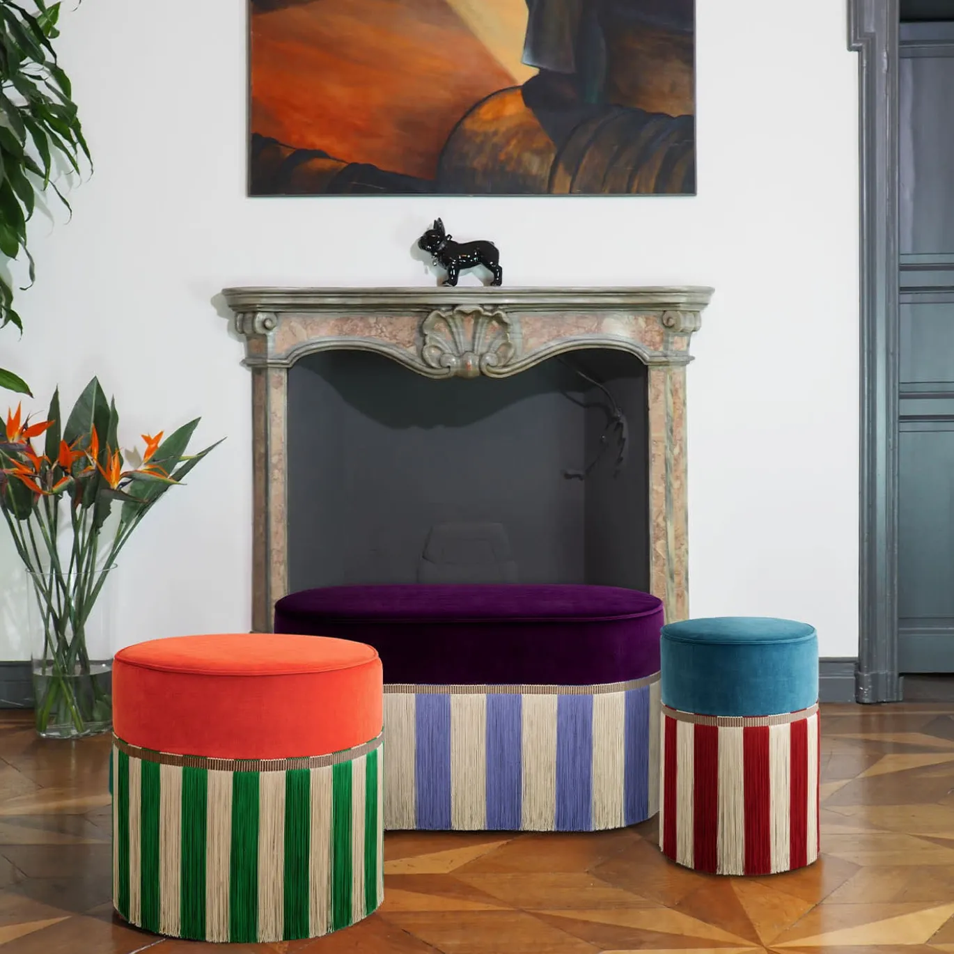 Couture Geometric Riga Small Light-Blue & Red Ottoman