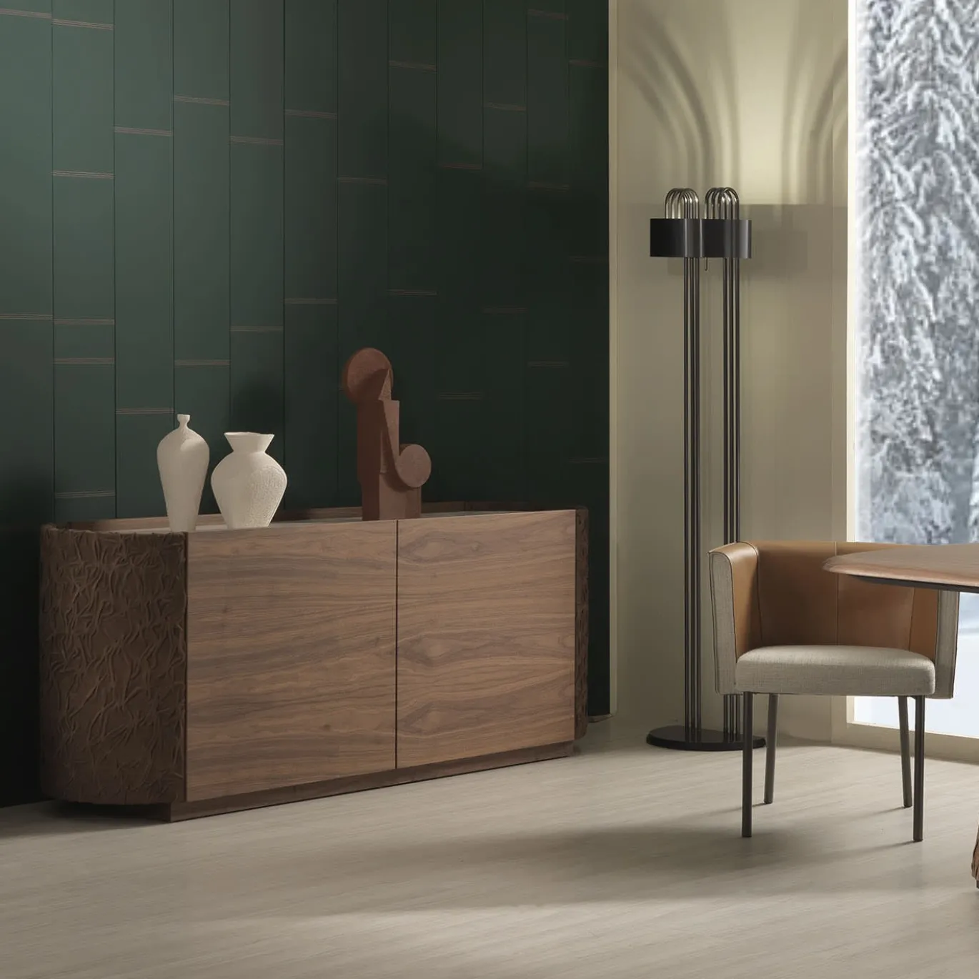 Credenza Arena a 2 ante in pelle e legno con piano in marmo