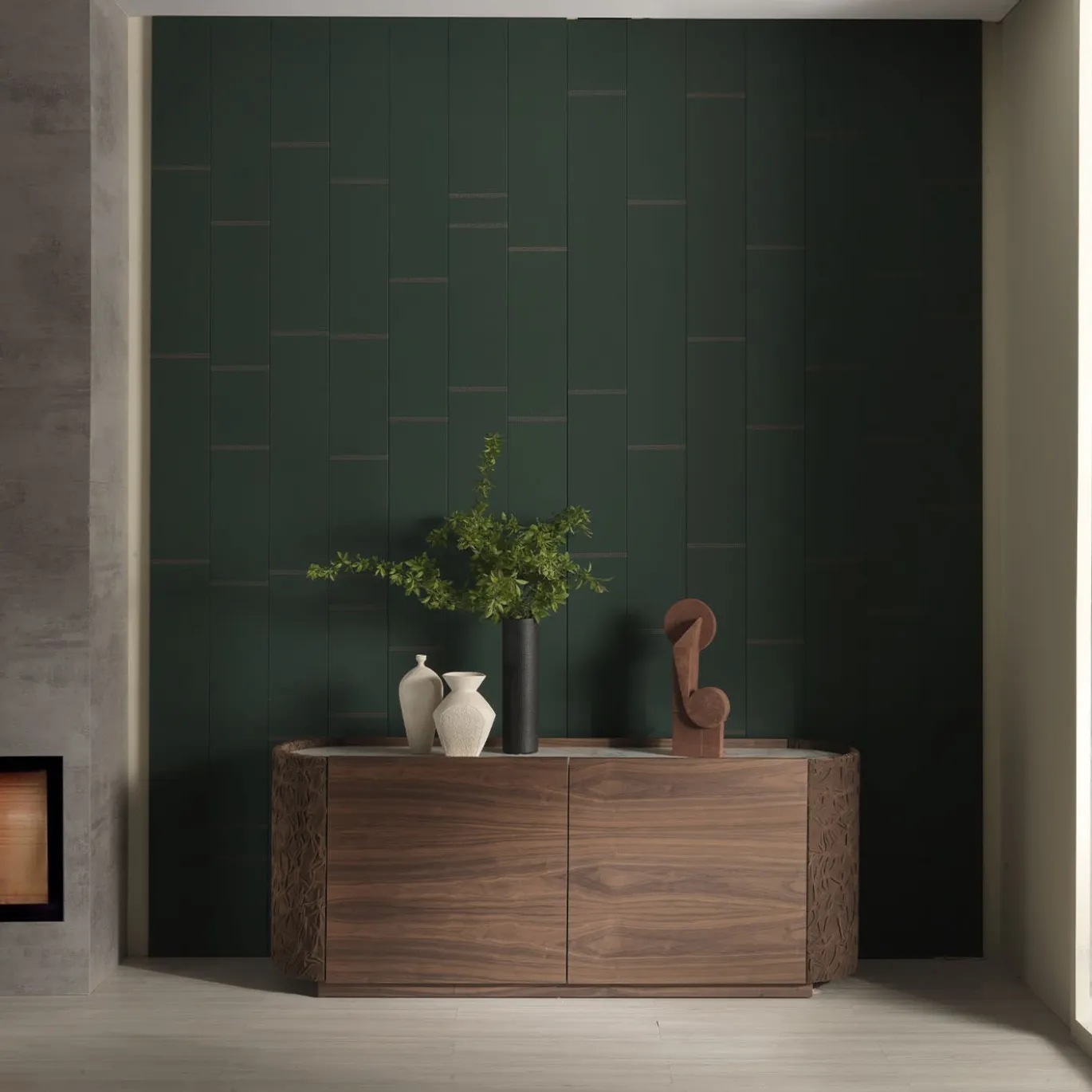 Credenza Arena a 2 ante in pelle e legno con piano in marmo
