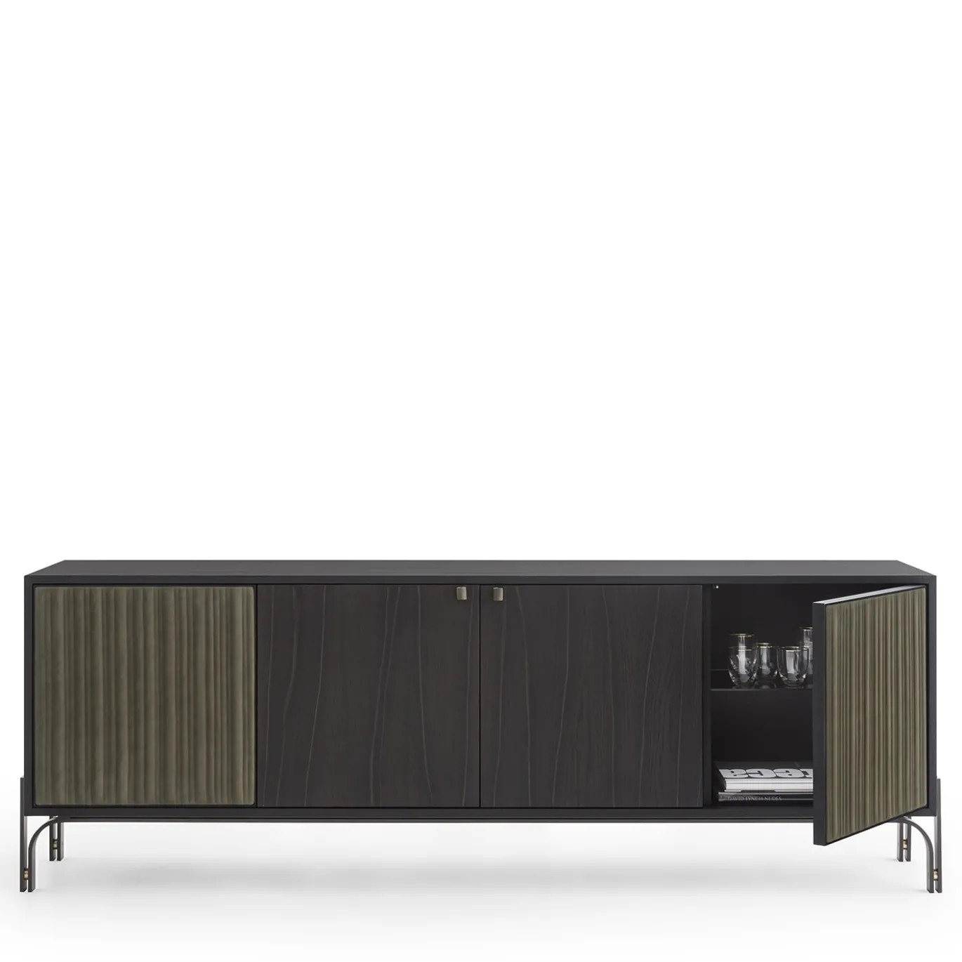 Credenza Canette a 4 ante in pelle nabuk verde salvia e rovere