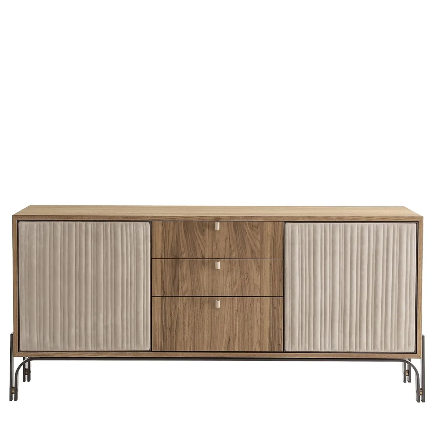Credenza Canette a 2 porte in pelle nabuk beige e noce
