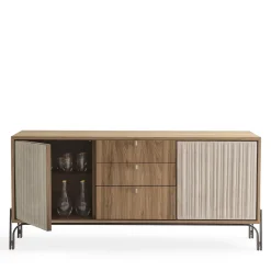 Credenza Canette a 2 porte in pelle nabuk beige e noce