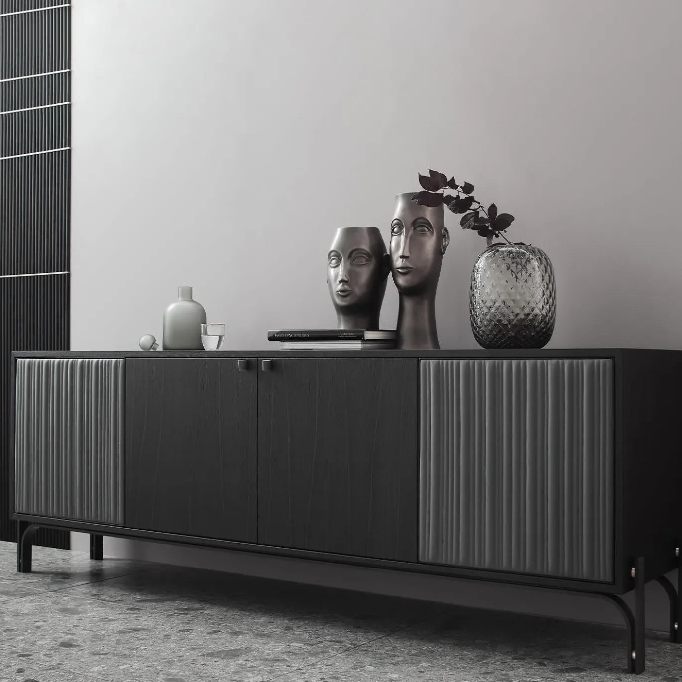 Credenza Canette a 4 porte in pelle nabuk grigio antracite e rovere