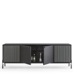 Credenza Canette a 4 porte in pelle nabuk grigio antracite e rovere