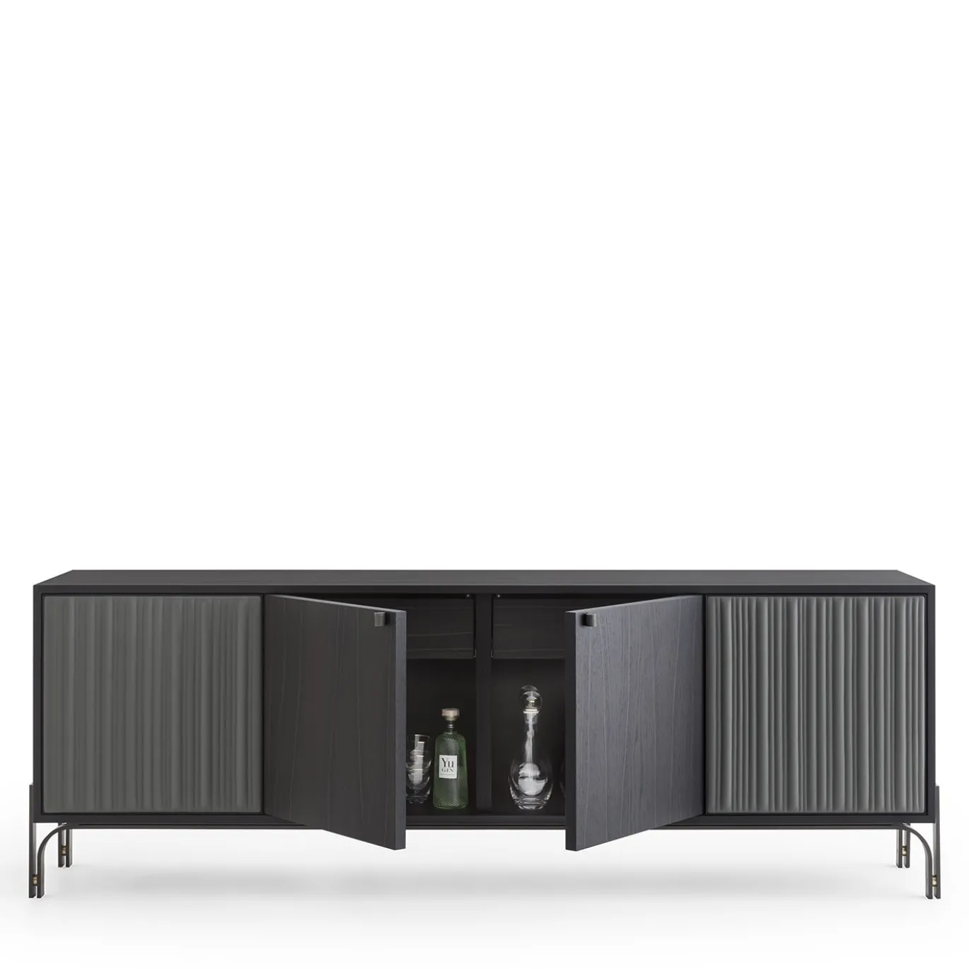 Credenza Canette a 4 porte in pelle nabuk grigio antracite e rovere