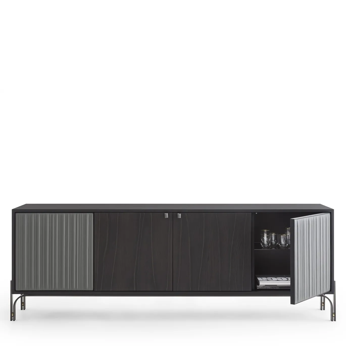 Credenza Canette a 4 porte in pelle nabuk grigio antracite e rovere