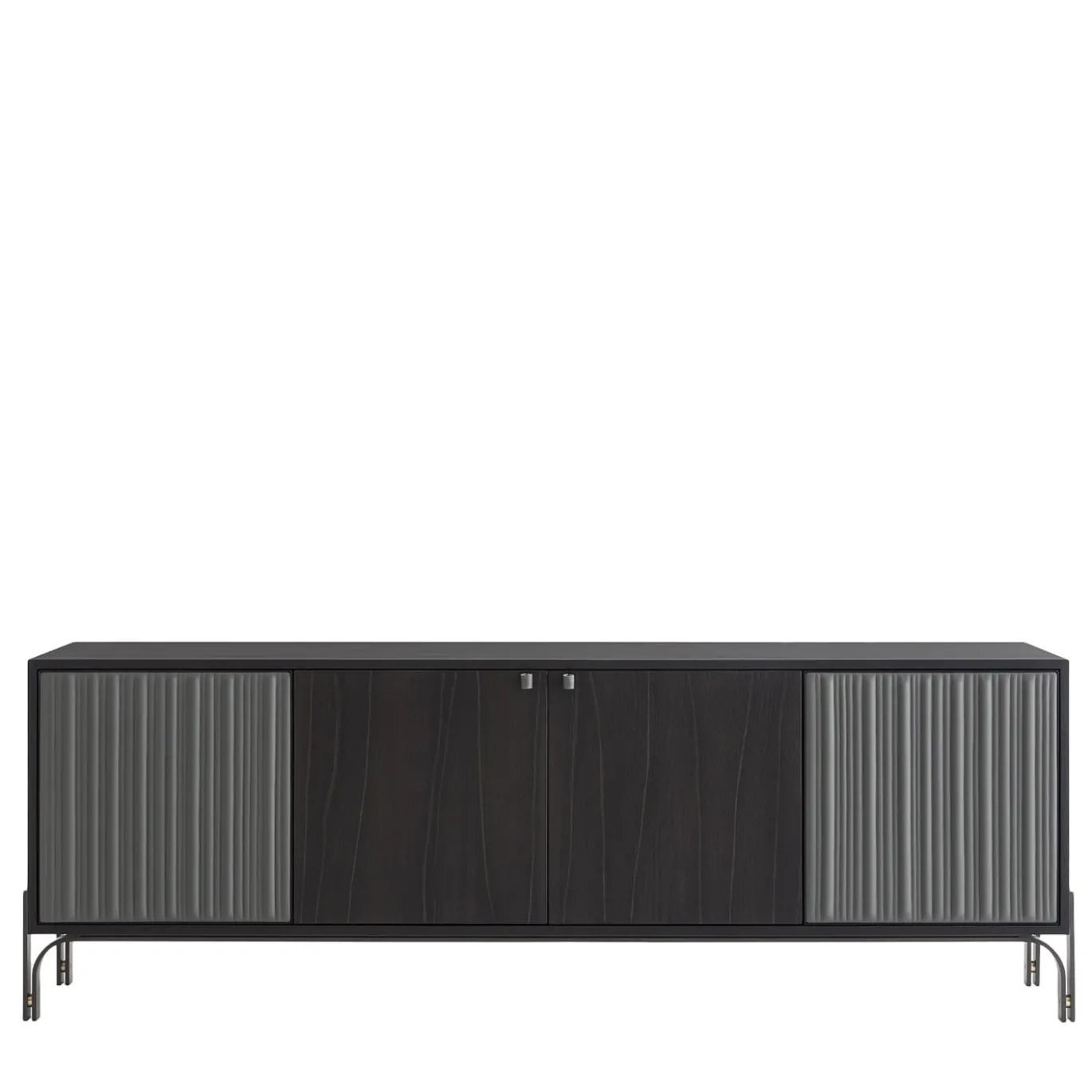 Credenza Canette a 4 porte in pelle nabuk grigio antracite e rovere