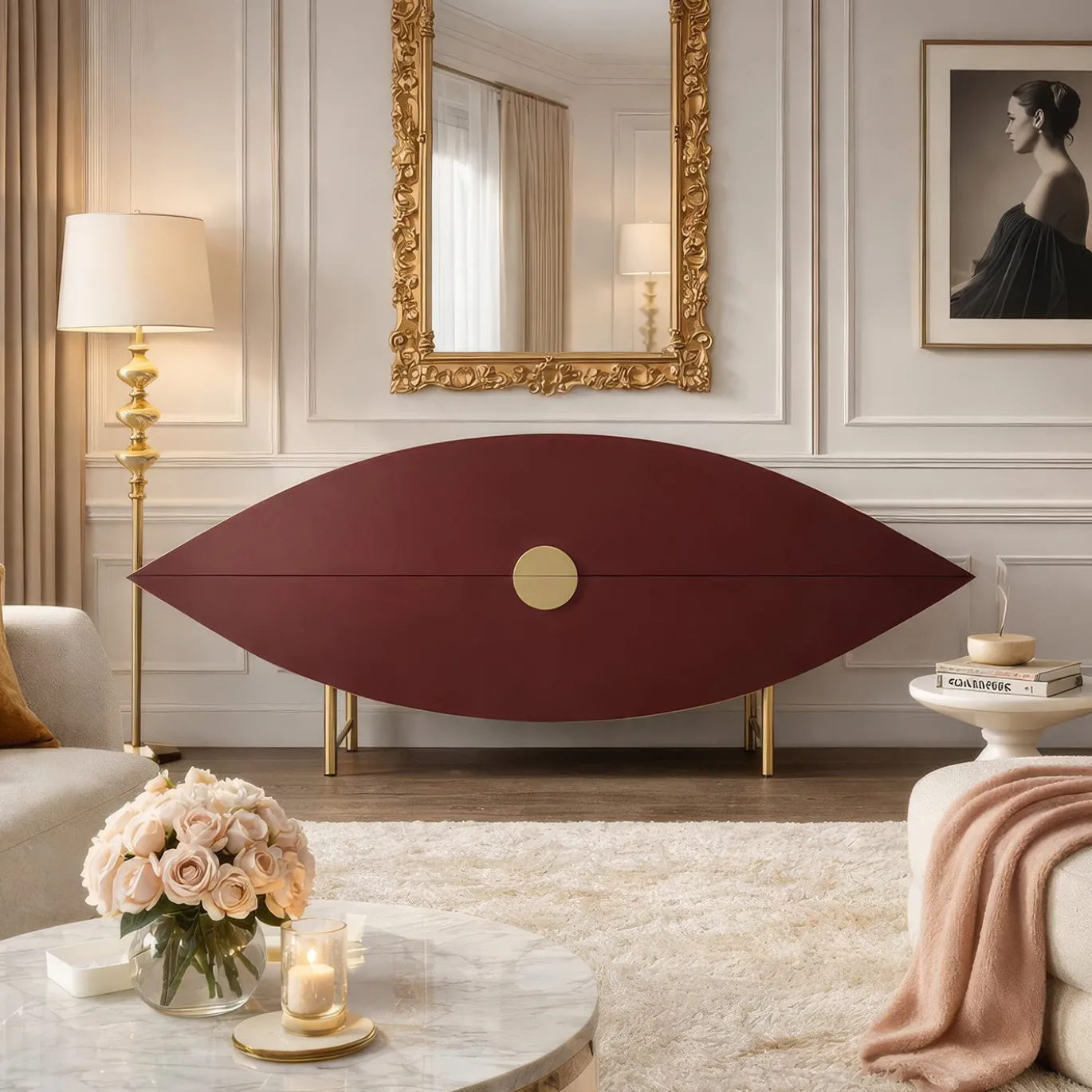 Credenza ellittica Eye in legno laccato rosso