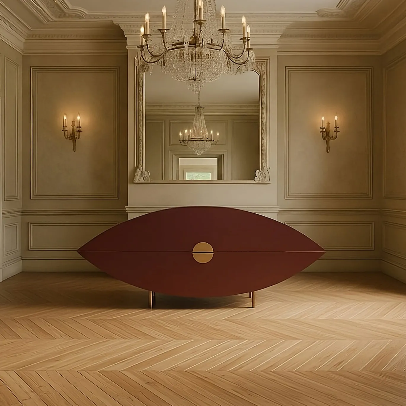 Credenza ellittica Eye in legno laccato rosso