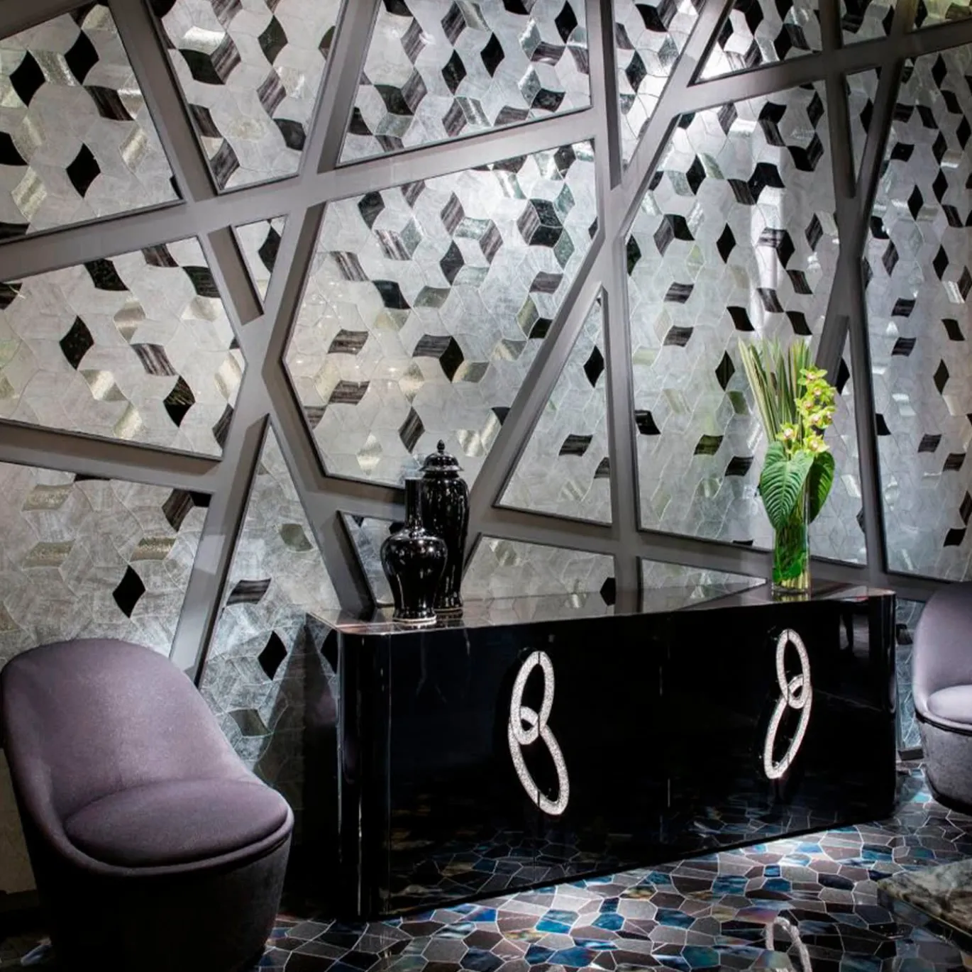 Credenza Fluxus con piano in marmo nero Aziz