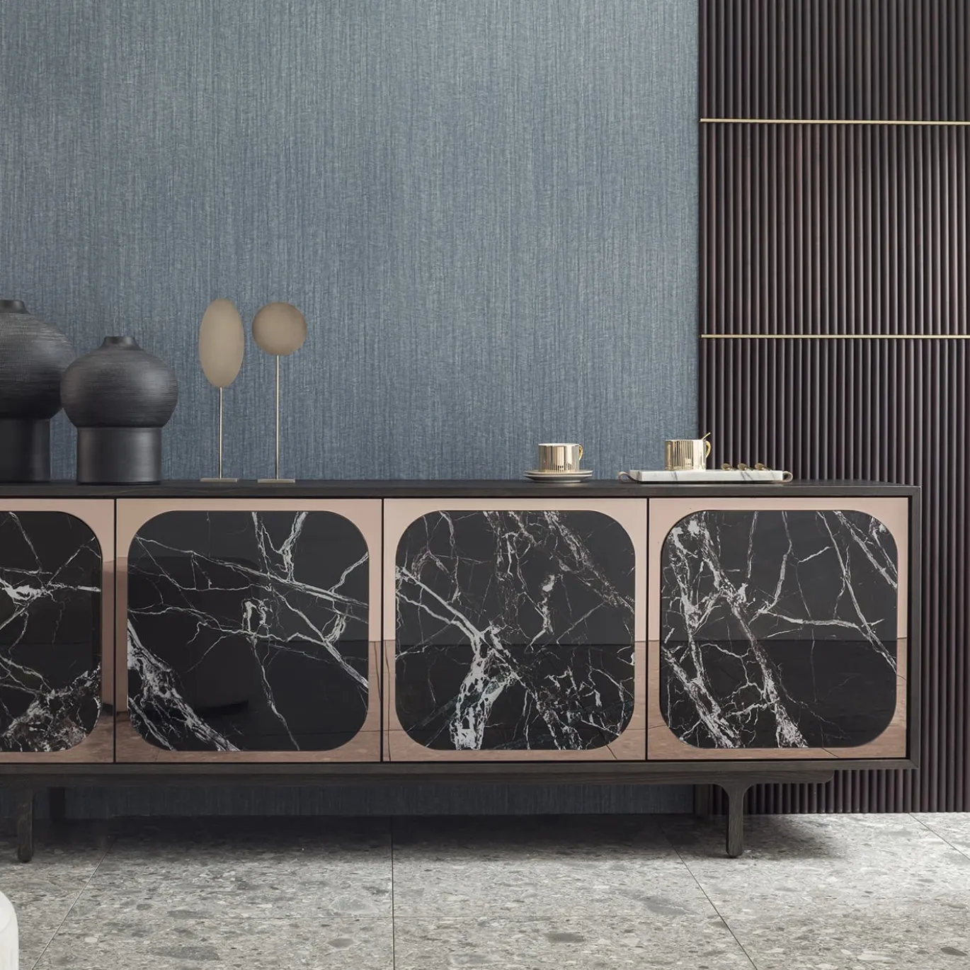 Credenza Margarette a 4 ante effetto marmo Breccia Imperiale