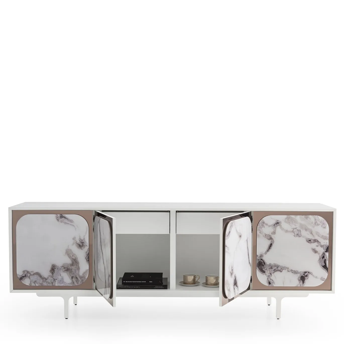 Credenza Margarette a 4 porte Trinity effetto marmo bianco