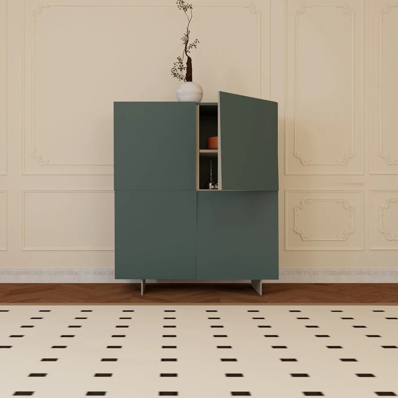 Credenza minimalista V alta in legno laccato verde