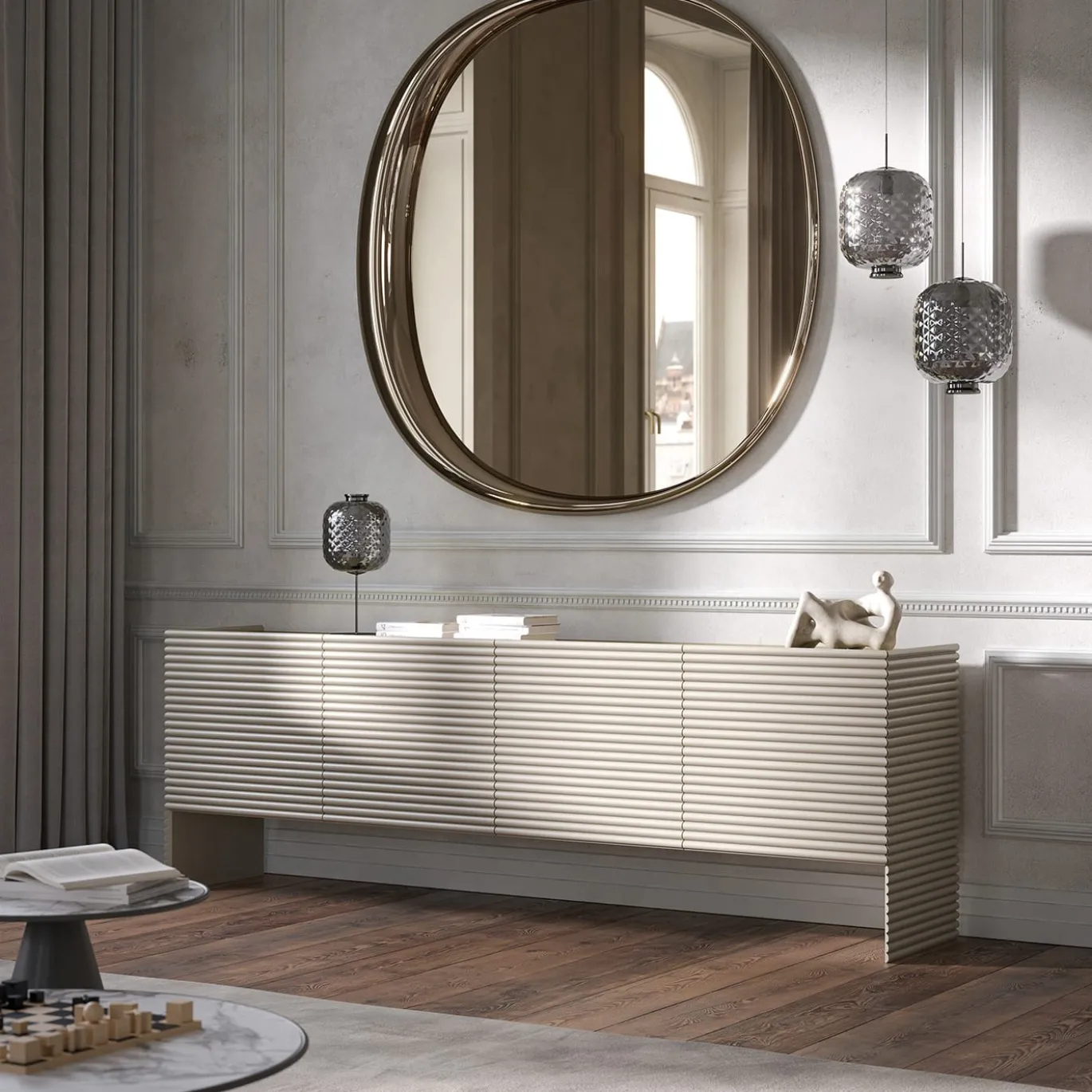 Credenza Patsy a 4 ante in legno beige scanalato