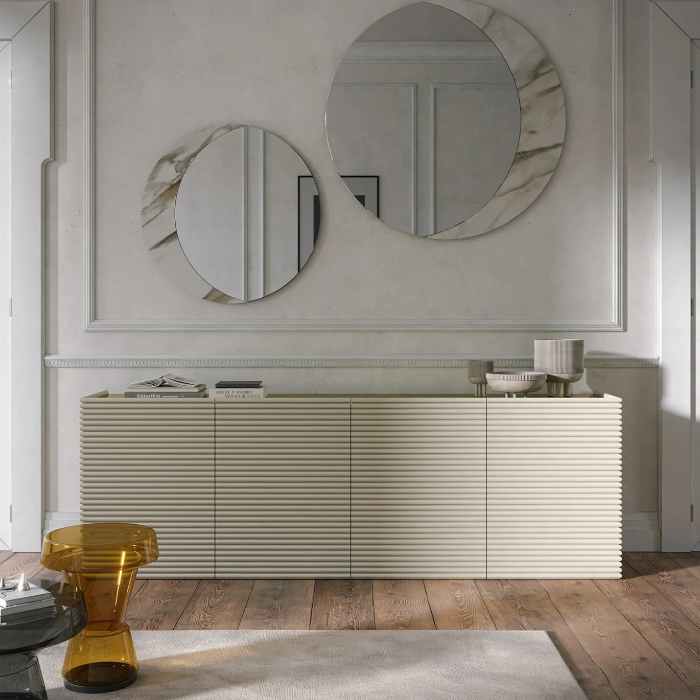 Credenza Patsy Elite a 4 ante in legno beige scanalato