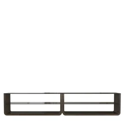 Credenza retro divano con piano in vetro fumé e ripiani