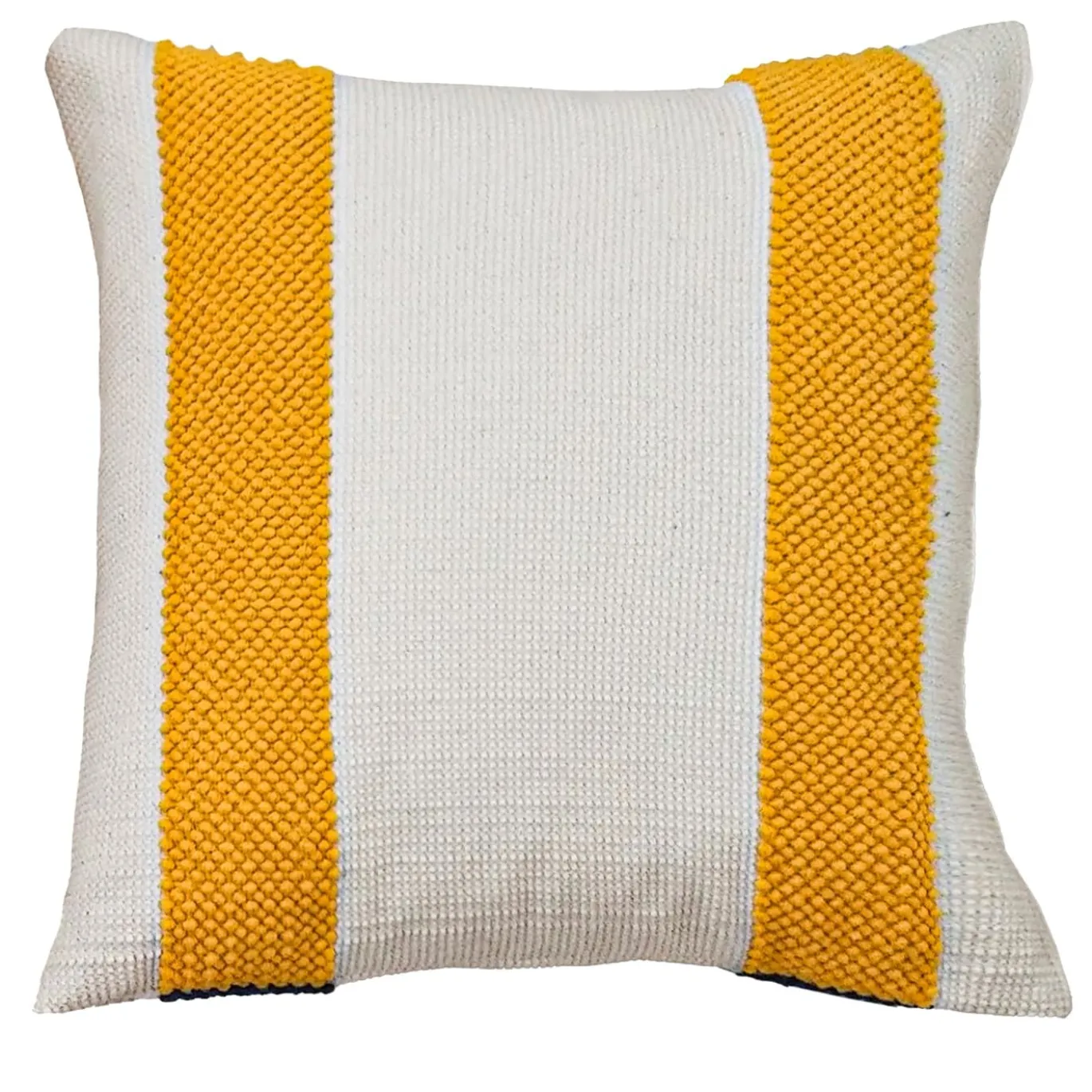 Cuscino bifacciale ecrù, giallo e blu
