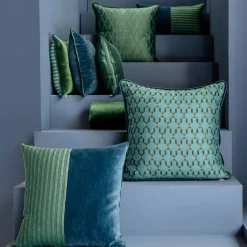 Cuscino Carrè turchese in tessuto jacquard e velluto di lino