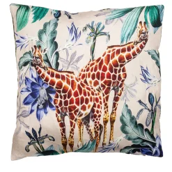 Cuscino in lino Animalia con giraffe e fiori blu