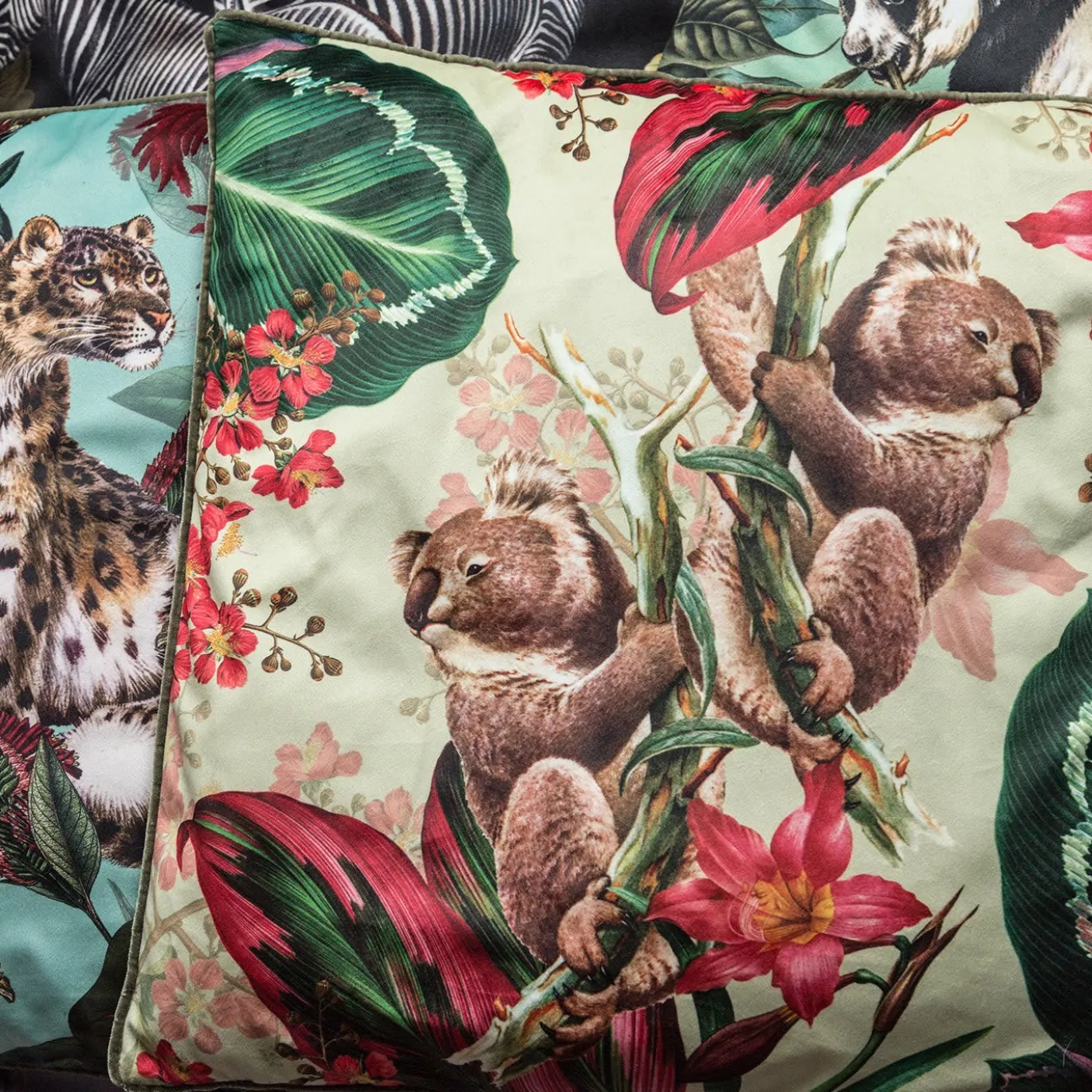 Cuscino in velluto Animalia con Koala e fiori rosa
