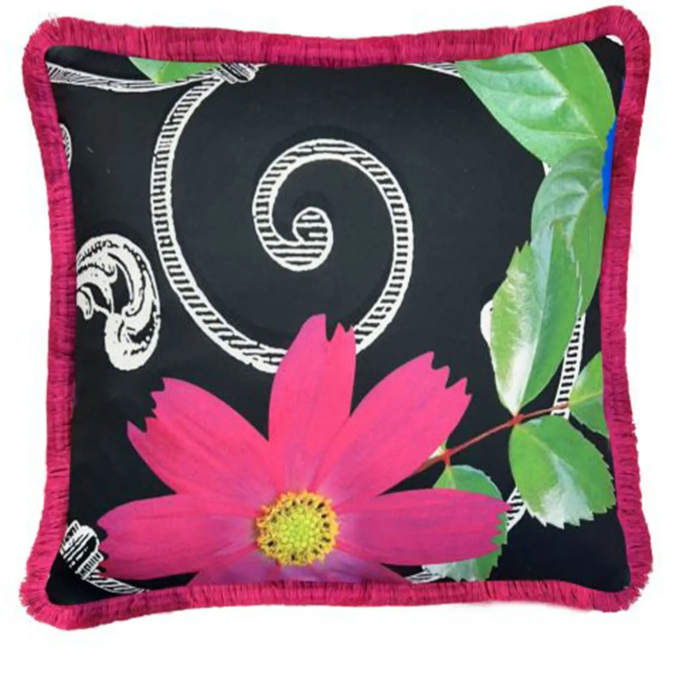 Cuscino quadrato con frange Black Flower di Carlo Rampazzi