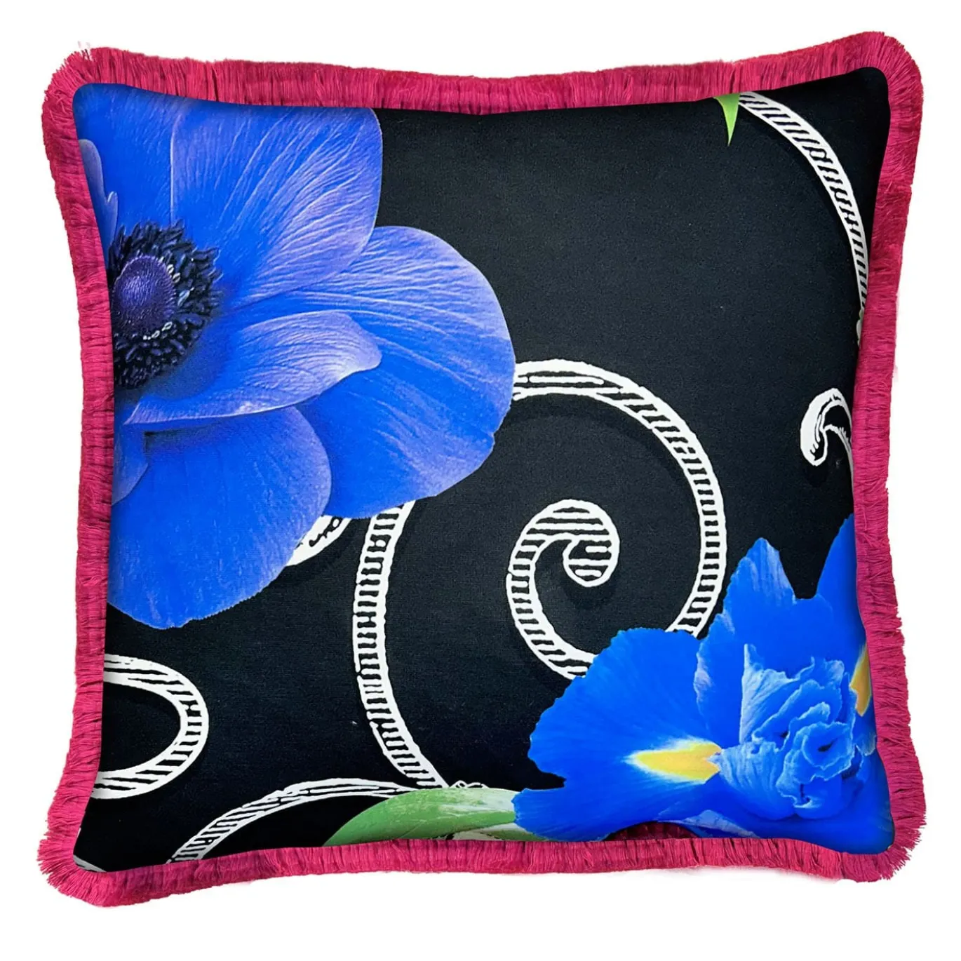 Cuscino quadrato con frange Black Flower di Carlo Rampazzi