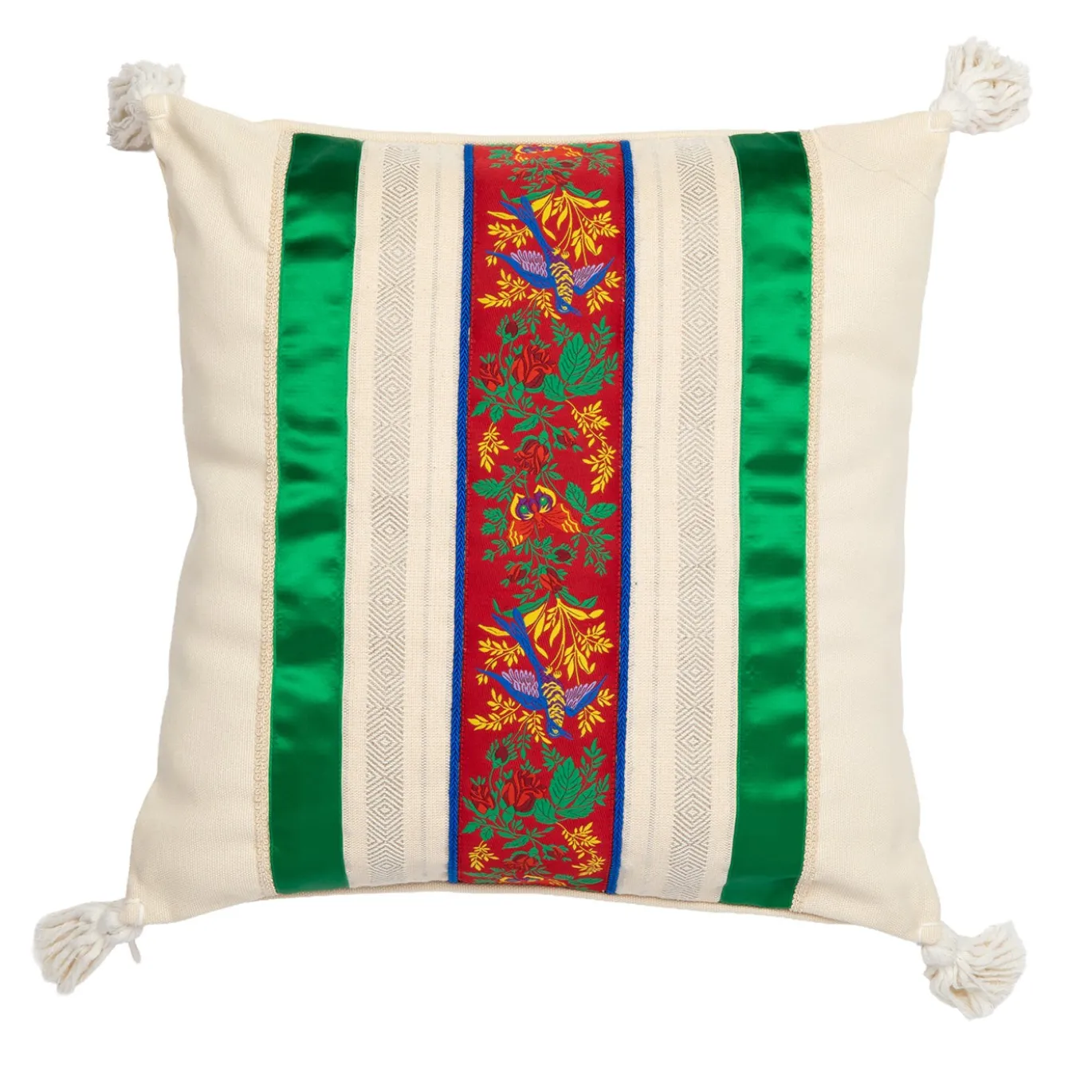 Cuscino quadrato Costumbres in cotone beige e raso verde