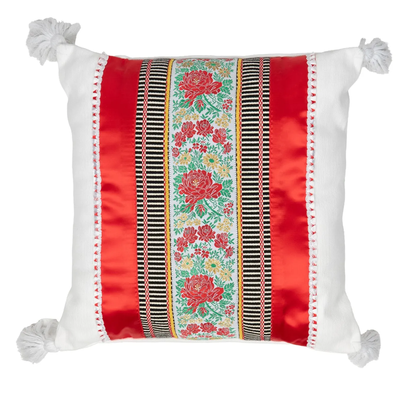 Cuscino quadrato Costumbres in cotone bianco e raso rosso
