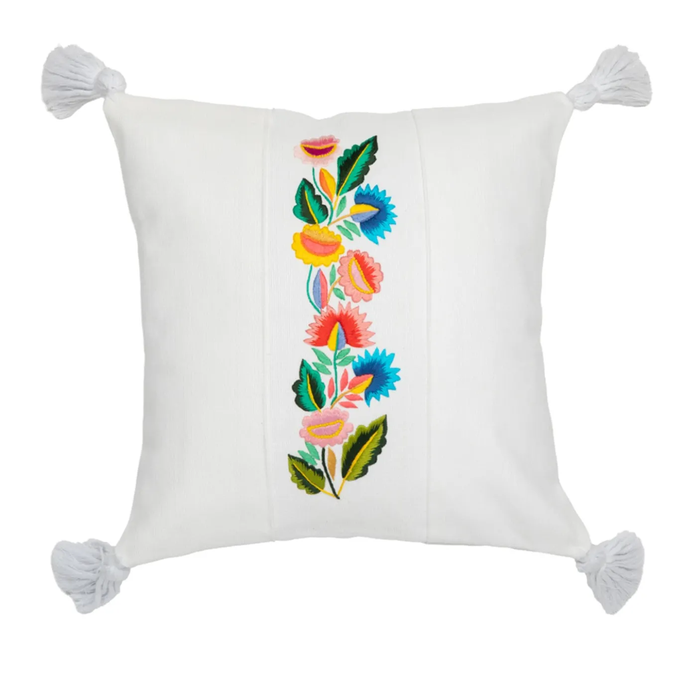 Cuscino quadrato in cotone bianco con ricamo floreale