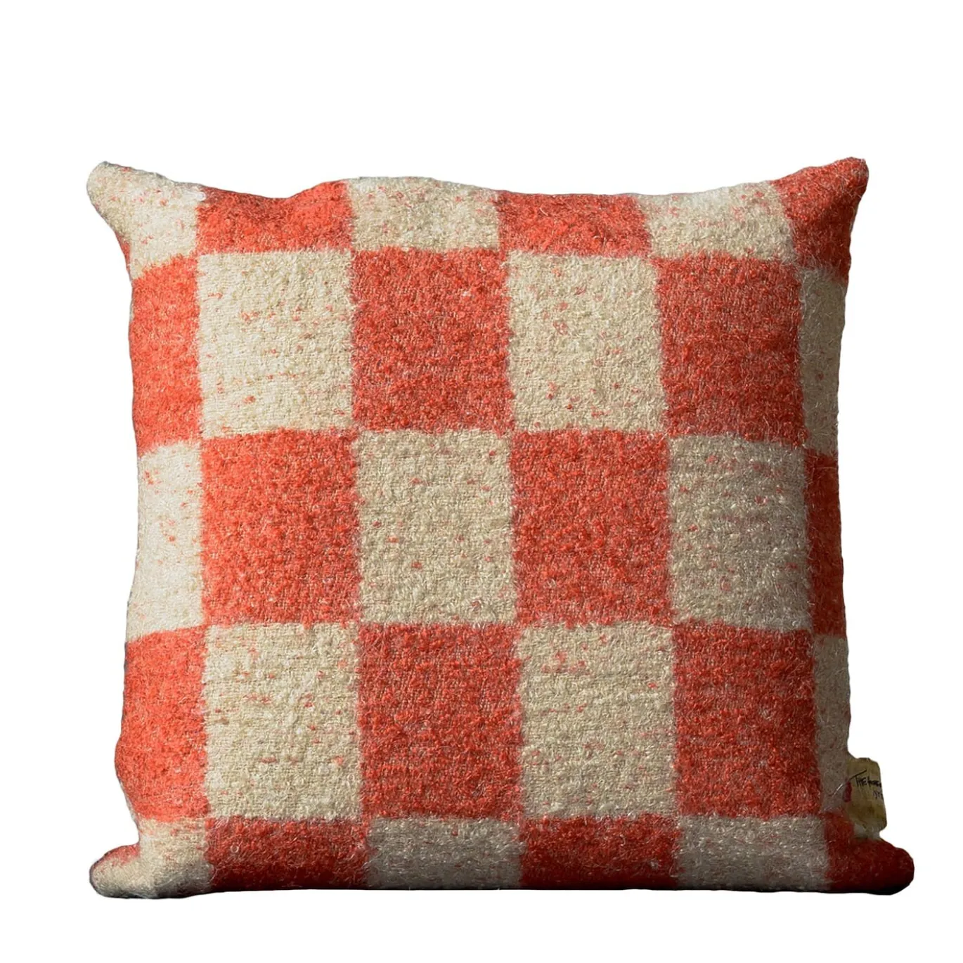 Cuscino quadrato Ronce a scacchi arancione e beige in mohair