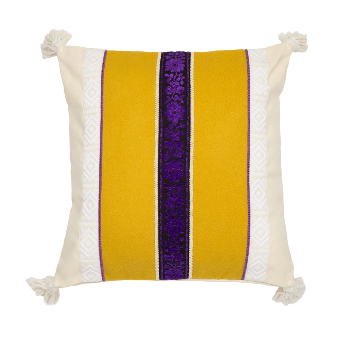 Cuscino quadrato Superior in cotone con righe gialle e viola e ricamo