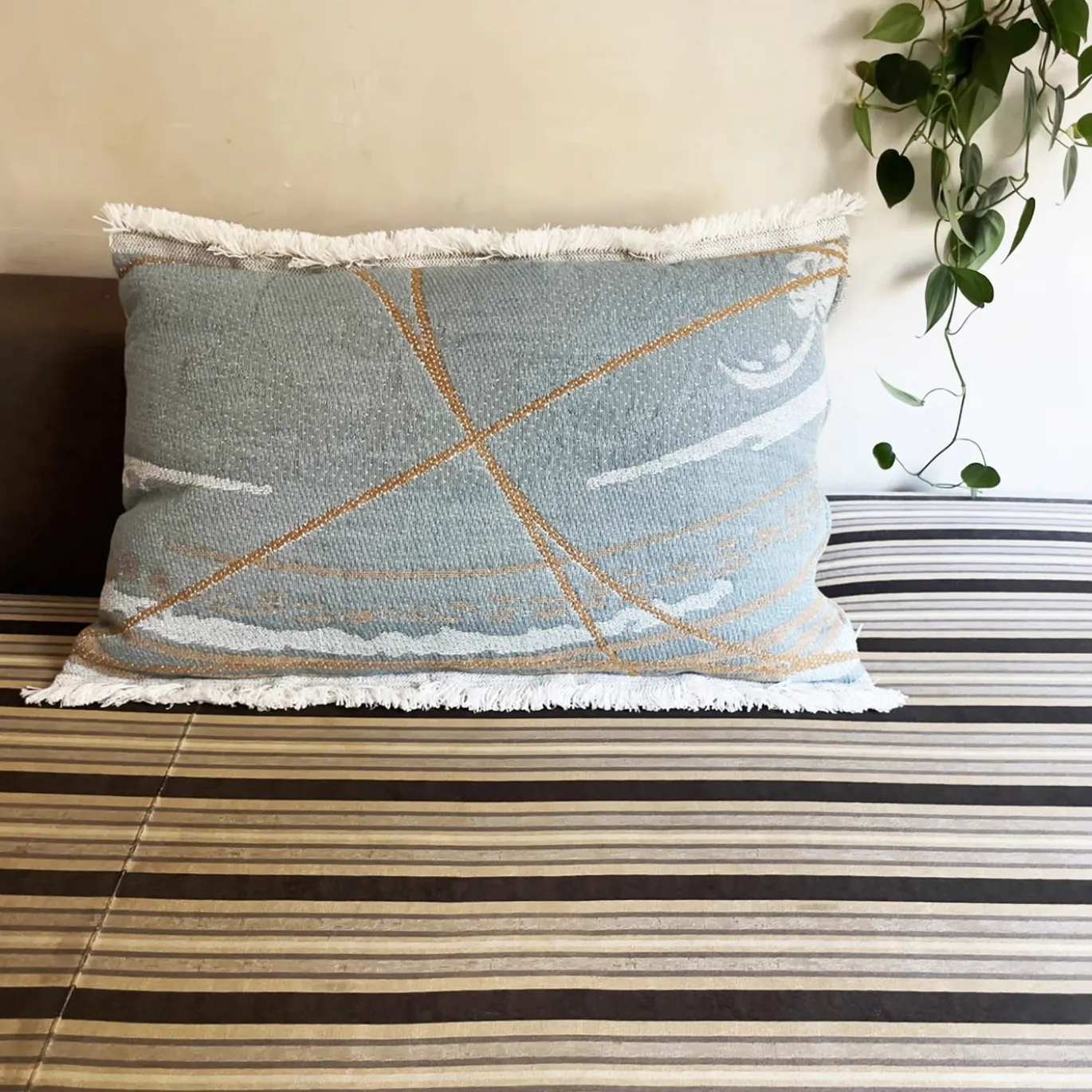 Cuscino Reverso con frange double-face in mousse di moka e blu