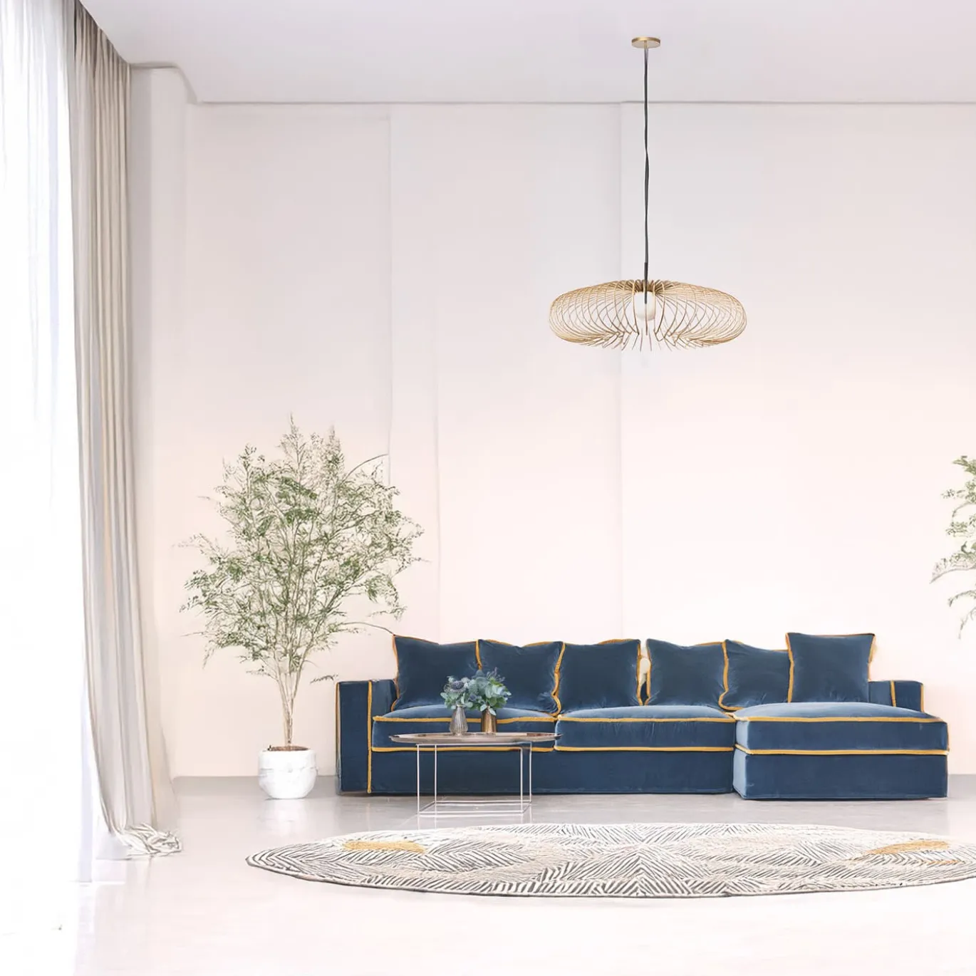 Divano Angolare Rafaella Bio In Velluto Blu Scuro E Giallo