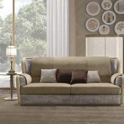 Divano a 3 posti in pelle e velluto beige