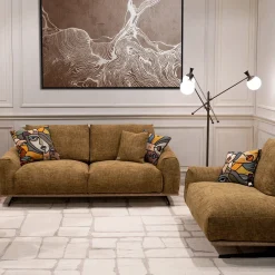 Divano Boboli giallo ocra con base in pelle marrone chiaro
