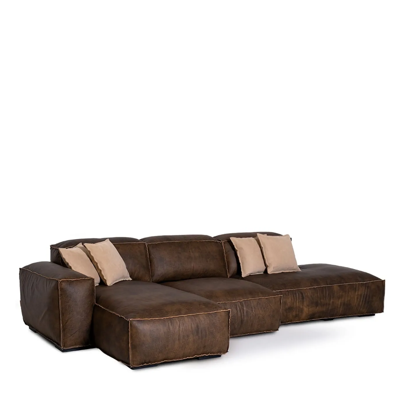 Divano componibile Placido con chaise longue e Free Side in pelle marrone