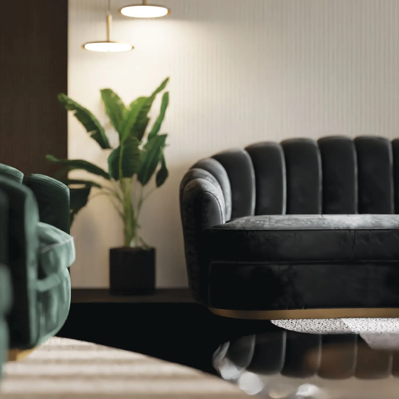 Divano in velluto grigio Nest con base in bronzo