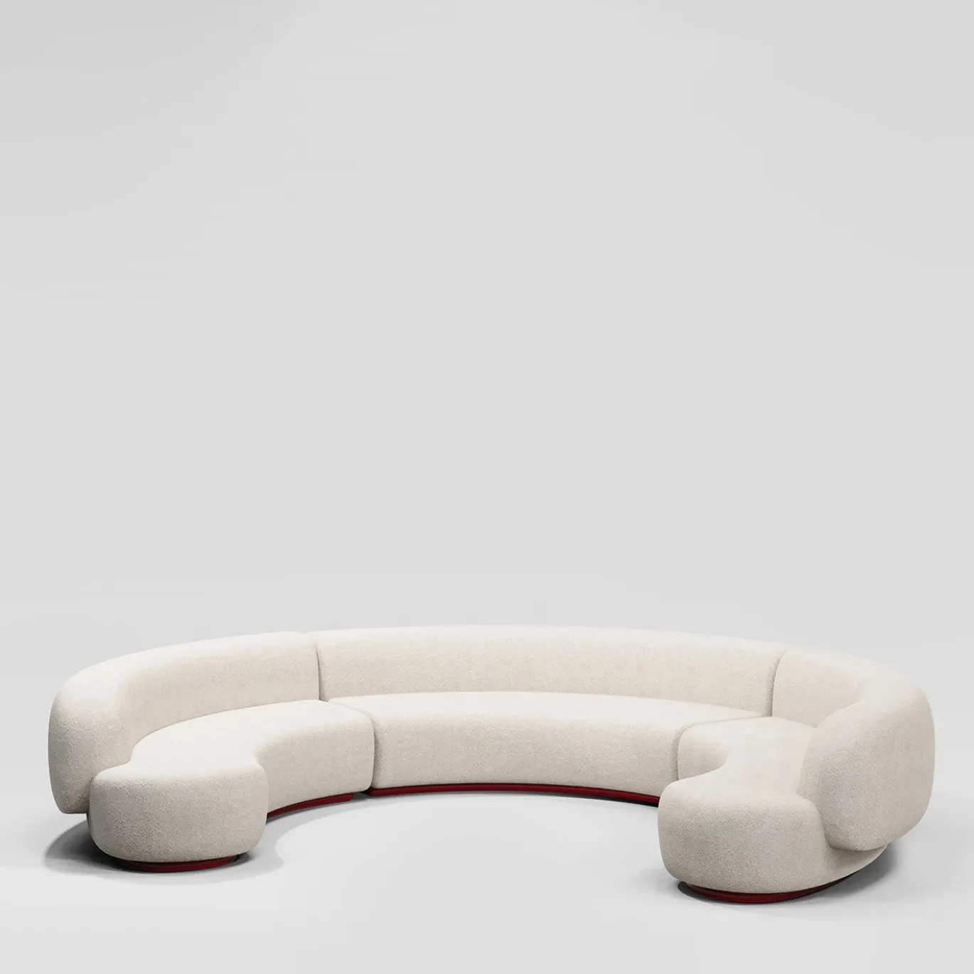 Divano modulare Yamata Curved bouclè pearl bush e legno lucido bordeaux di Artefatto Design Studio