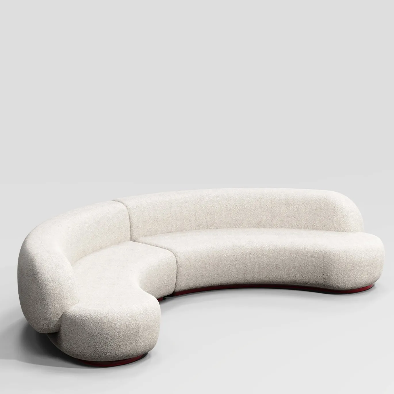 Divano modulare Yamata Curved Pearl Bush bouclé e legno lucido bordeaux di Artefatto Design Studio